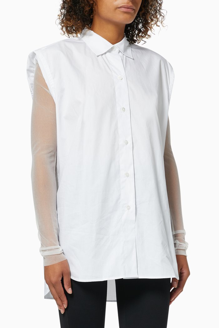 Sheer Sleeve Shirt in Cotton, White