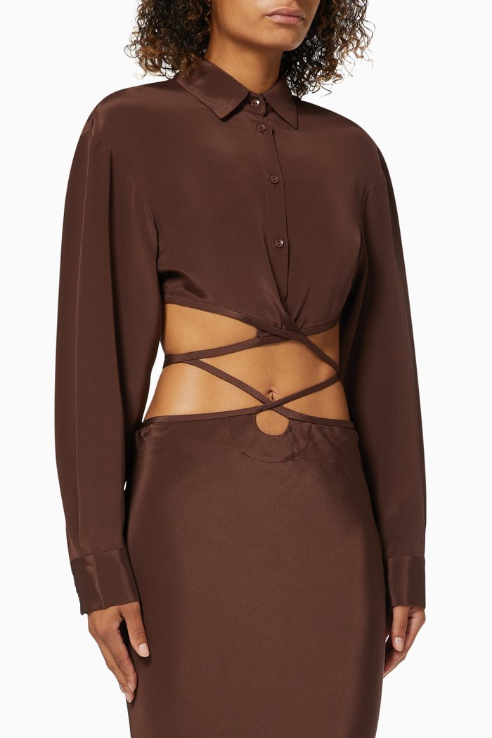 

Cropped Tie Shirt in Silk, Brown