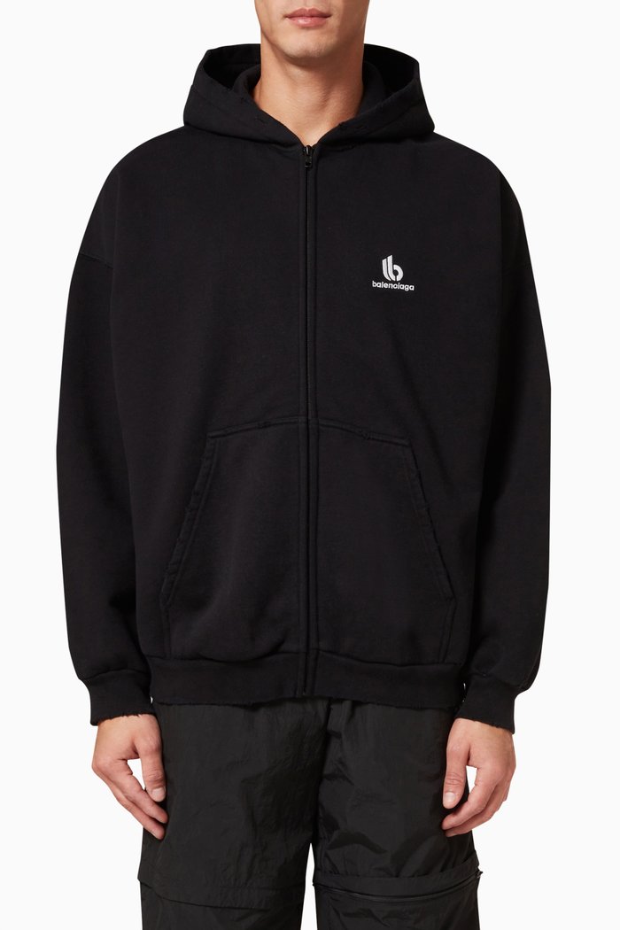 

Double B Zip Hoodie in Cotton Fleece, Black