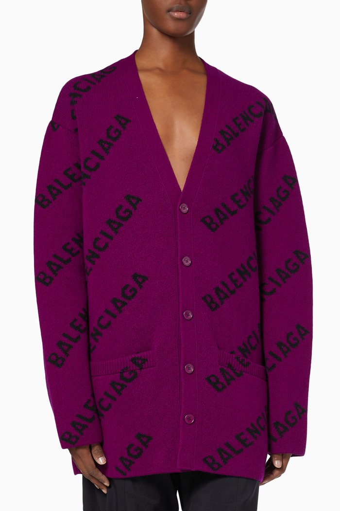 

Allover Logo Cardigan in Virgin Wool Knit, Purple