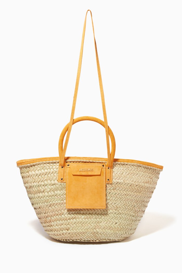 

Le Panier Soleil Basket Bag in Raffia & Suede, Orange