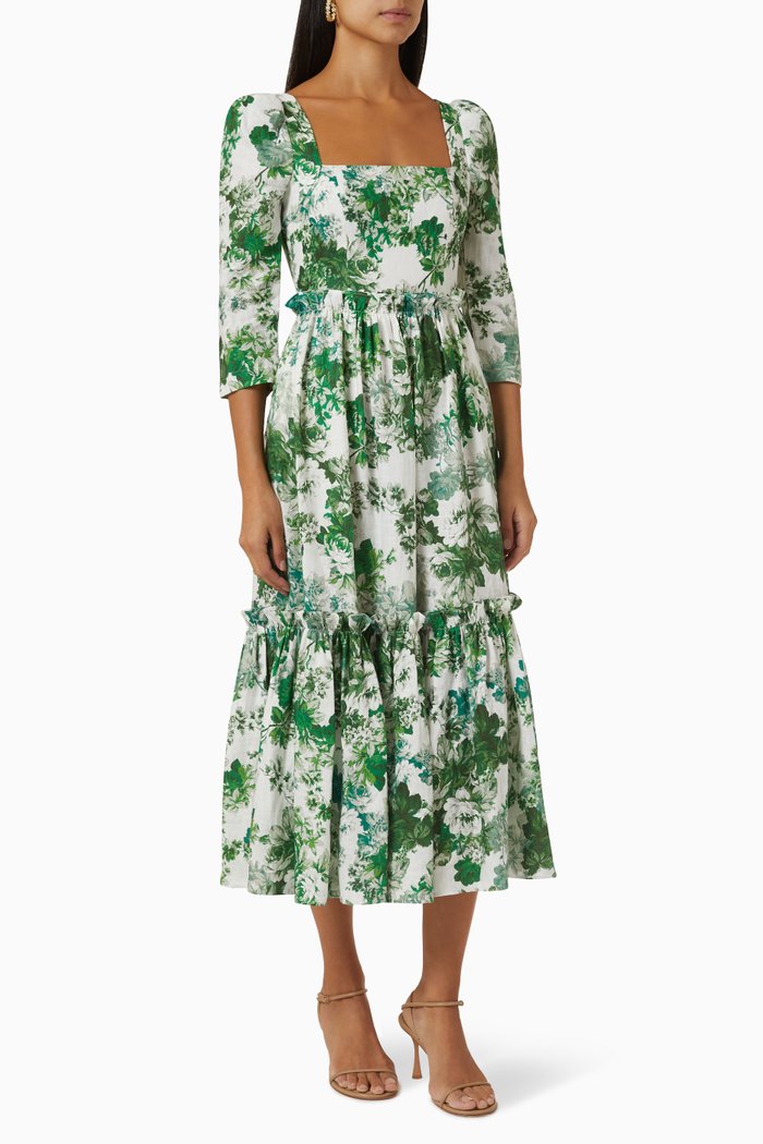 

Blue Hill Tiered Midi Dress in Cotton-linen, Green