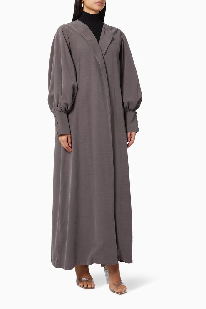

Puff Sleeves Abaya in Crushed Cotton, Grey