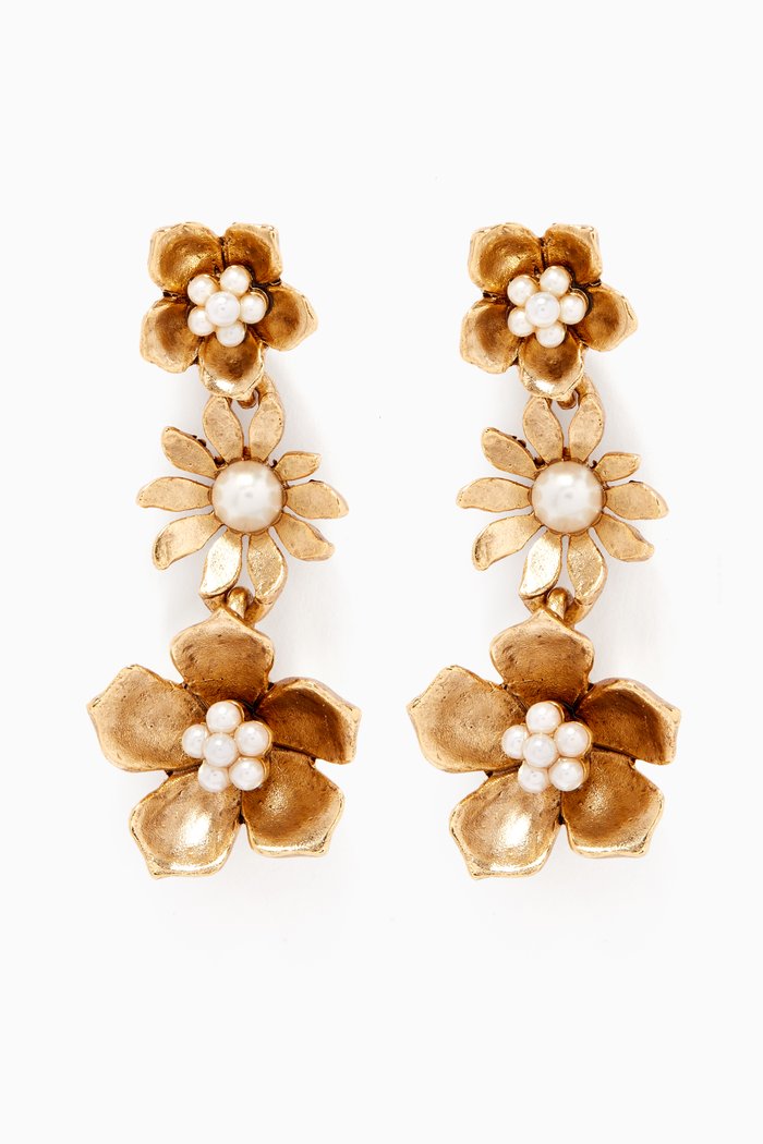 

Flower Vertical Pearl Drop Earrings, Gold