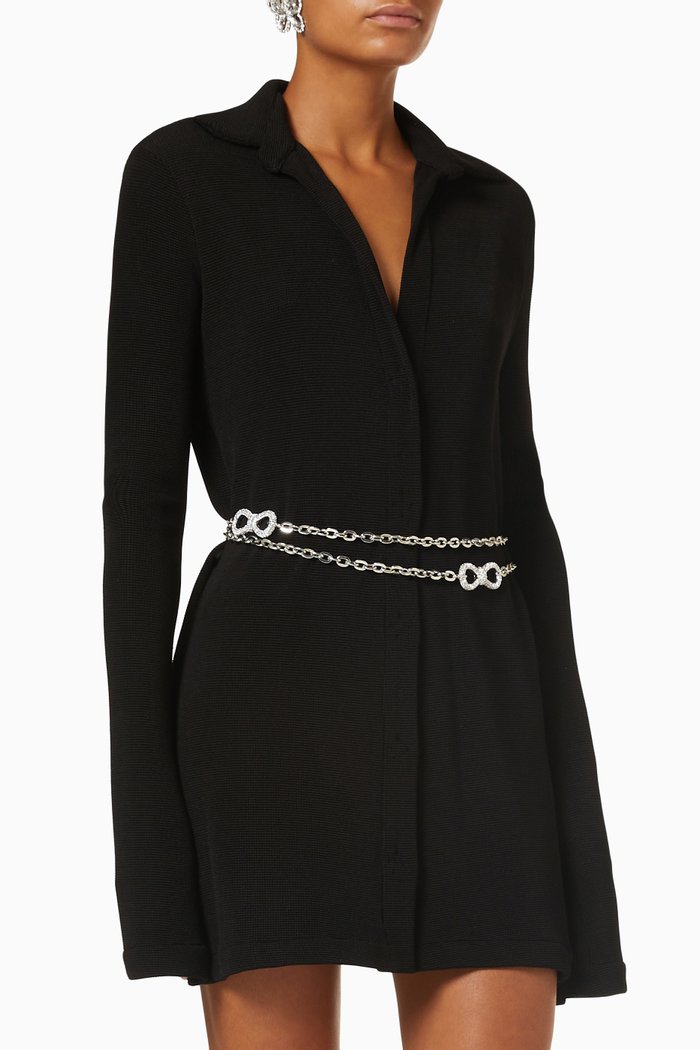 

Crystal Bow Chain Belted Shirt Dress in Jersey, Black