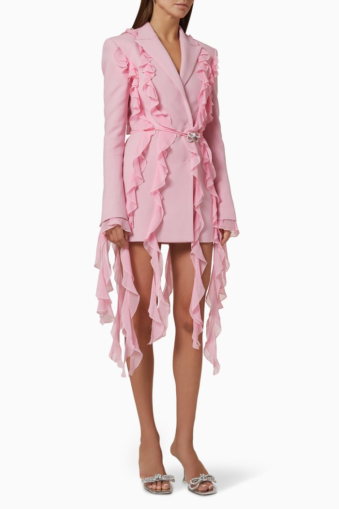 Belted Ruffle Blazer Dress in Wool, Pink