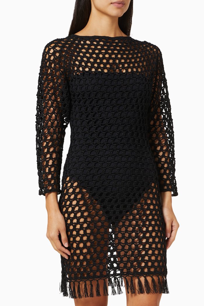 Long Sleeve Dress in Crochet, Black