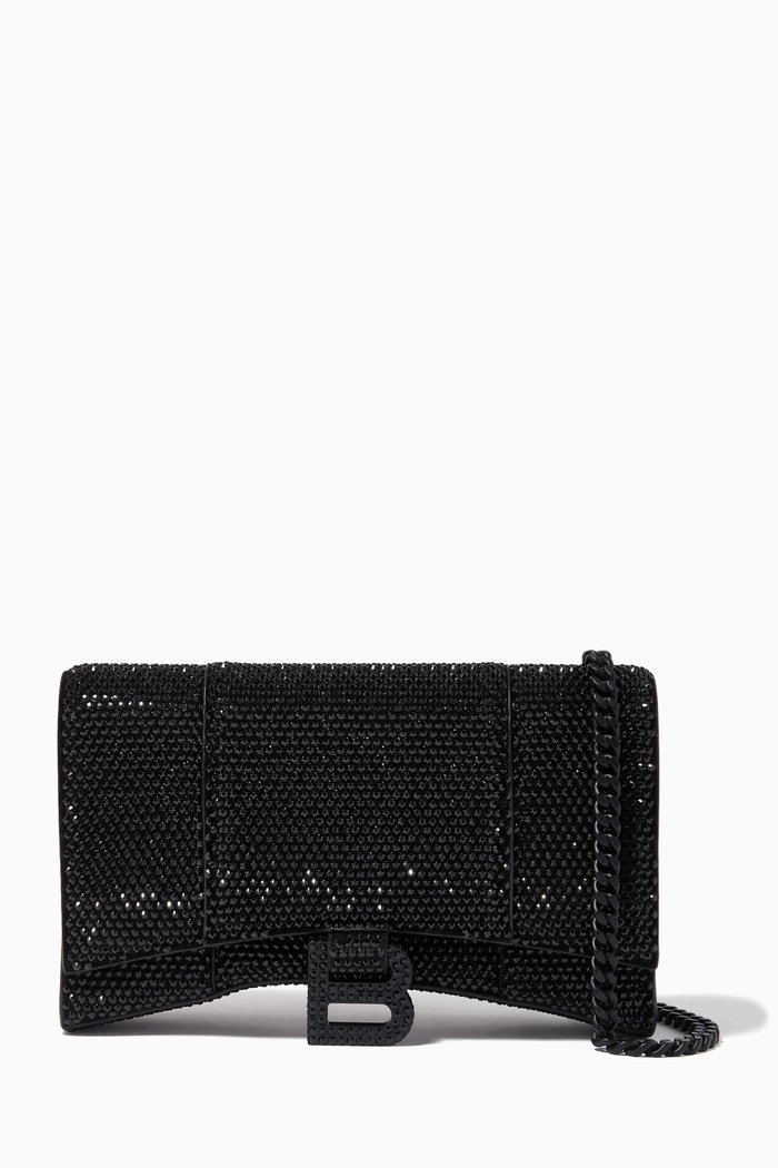 

Hourglass Wallet on Chain in Rhinestones Suede Calfskin, Black