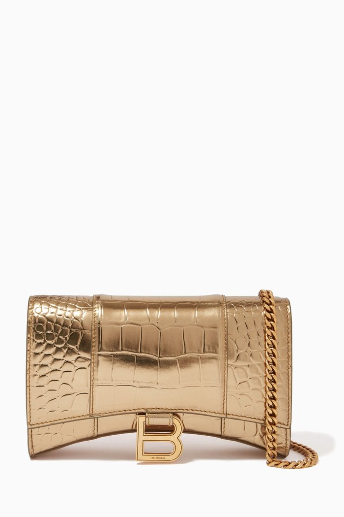 

Hourglass Wallet on Chain in Crocodile Embossed Calfskin, Gold