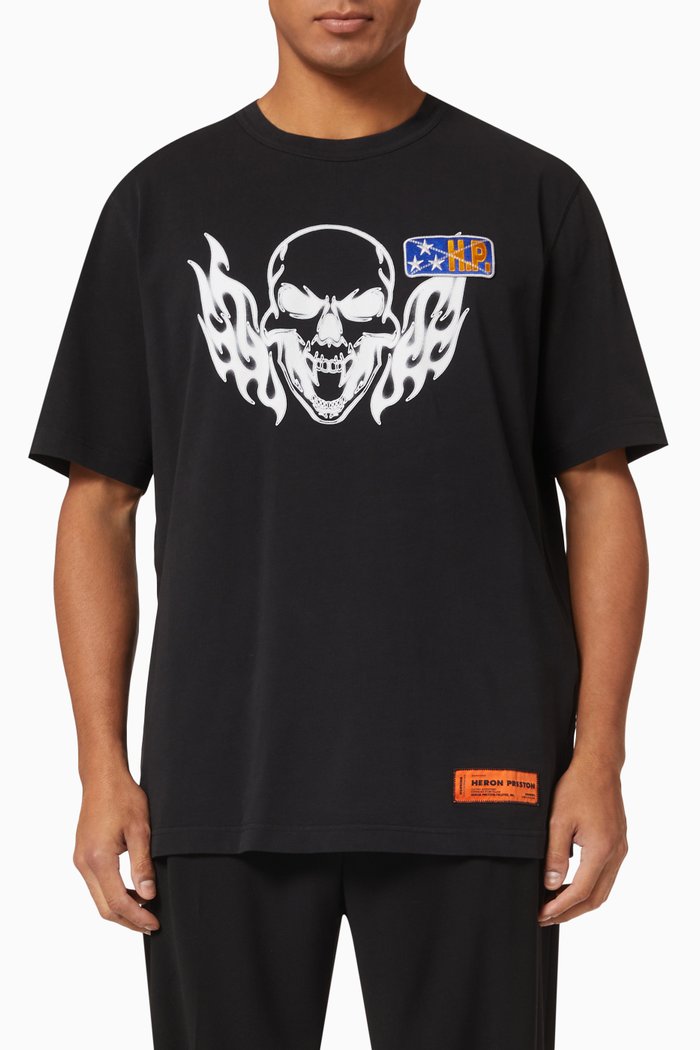 

Flaming Skull Print Oversized T-shirt in Organic Cotton Jersey, Black
