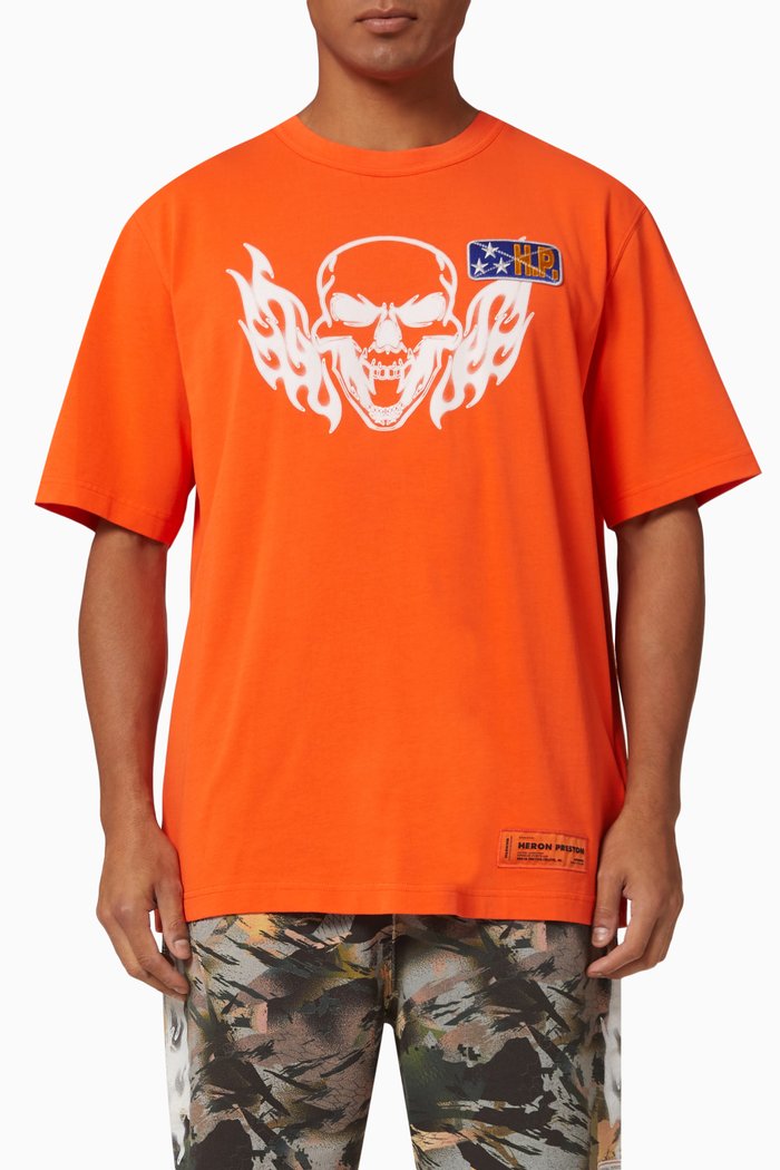 

Flaming Skull Print Oversized T-shirt in Organic Cotton Jersey, Orange