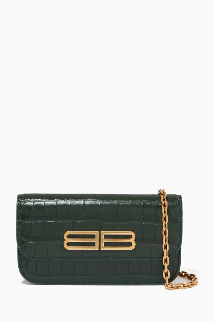 Gossip Wallet on Chain in Croc-embossed Leather, Green