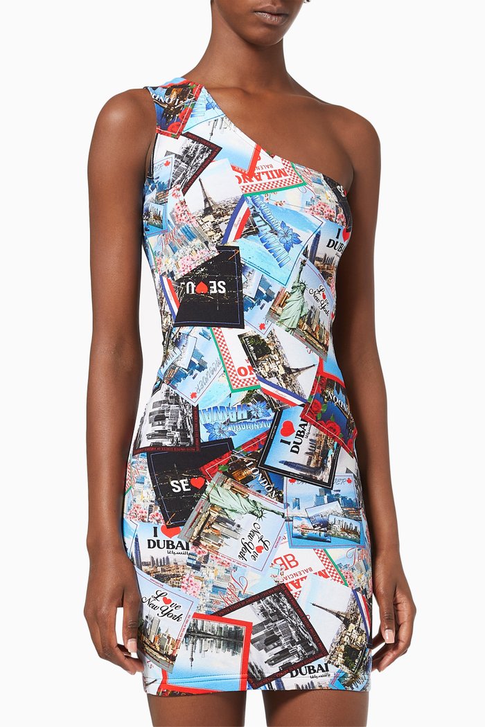 

All-over Cities Asymmetric Mini Dress in Stretch Cotton, Multicolour