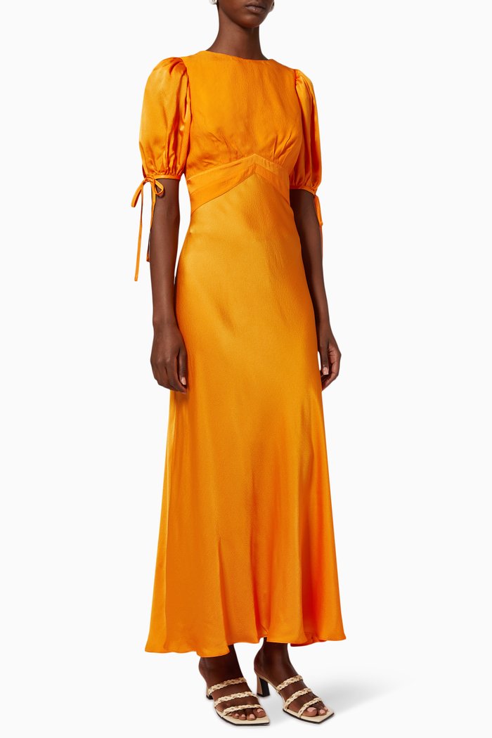 

Lysette Tie Detail Satin Tea Dress in Viscose, Orange