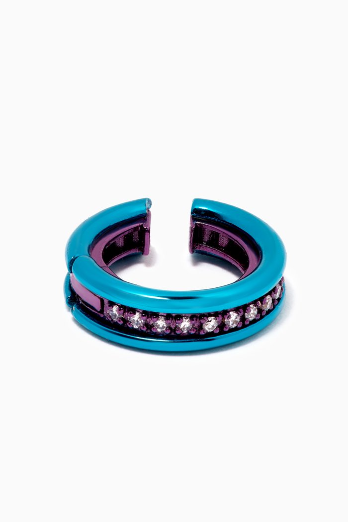 Mini Diamond Single Ear Cuff in Sterling Silver, Blue