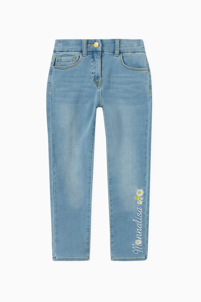 

Embroidered Floral Logo Jeans in Denim, Blue
