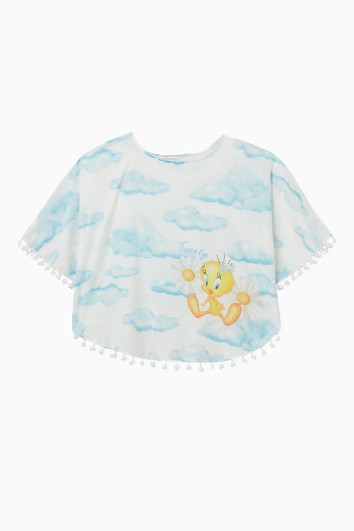 

Tweety Cloud Print Poncho in Muslin, Blue