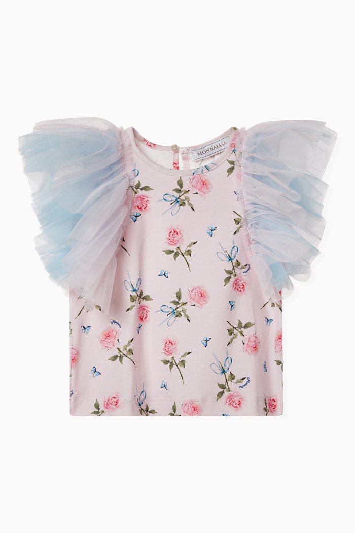 

Roses Print T-shirt with Tulle Ruffles, Pink