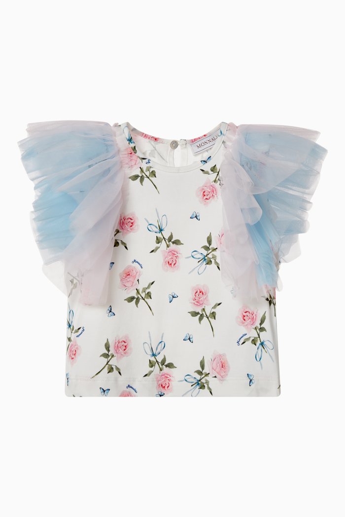 

Roses Print T-shirt with Tulle Ruffles, White