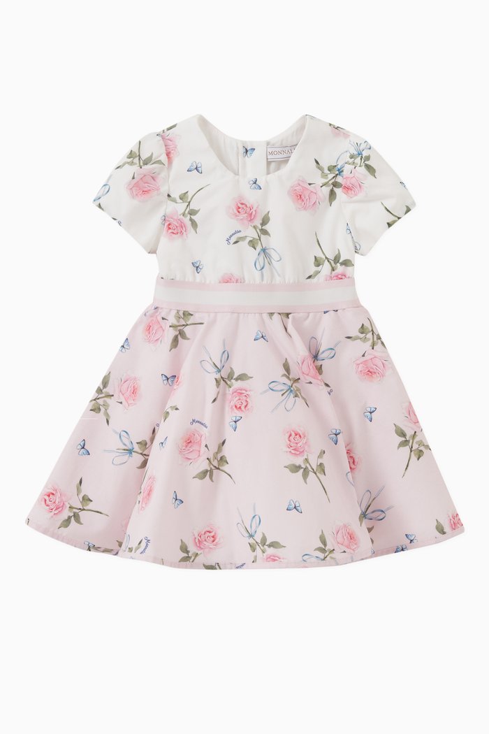 

Floral Print Flared Midi Dress in Cotton, Pink