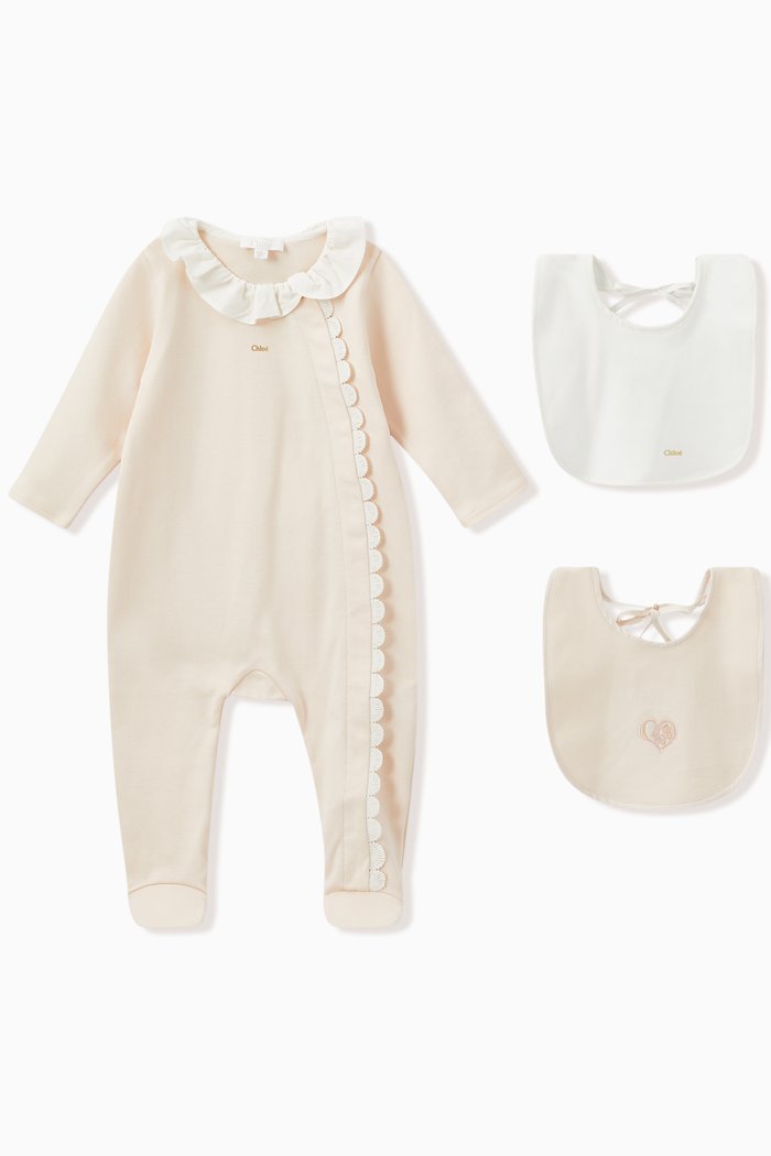 

Lace Trim Pyjama and Bib Set in Cotton, Pink