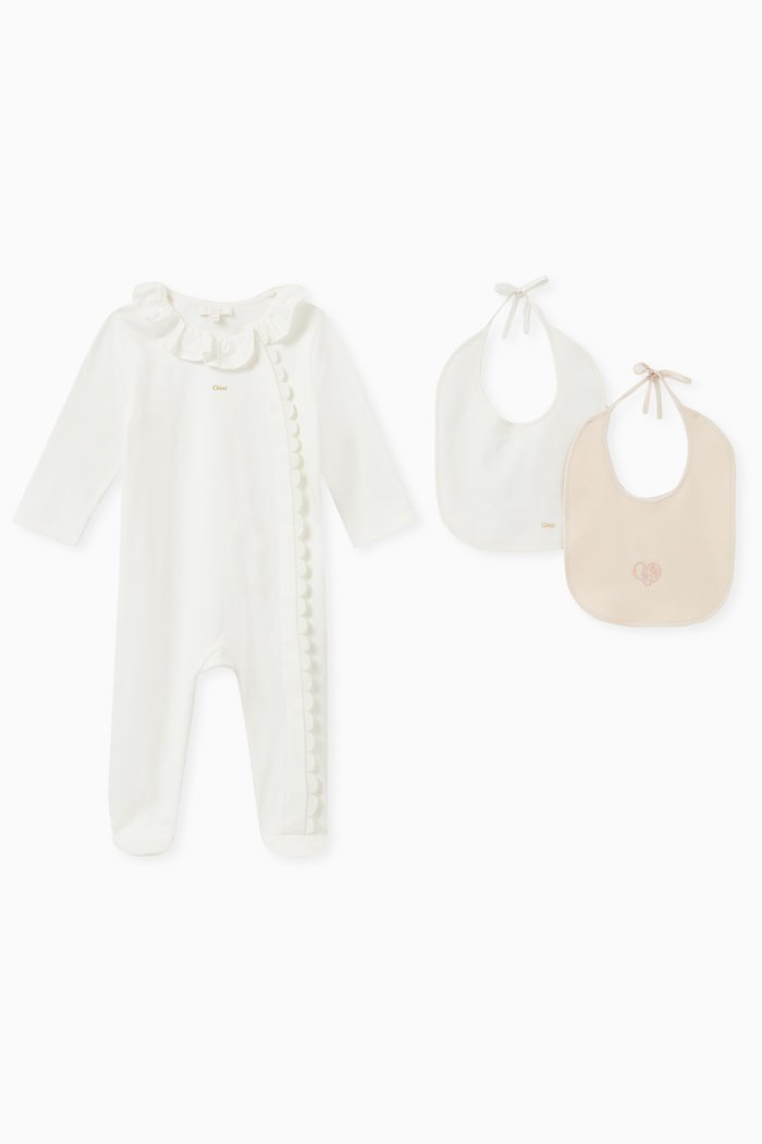 

Lace Trim Pyjama and Bib Set in Cotton, Neutral