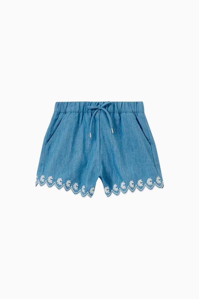 

Signature Embroidered Shorts in Denim, Blue