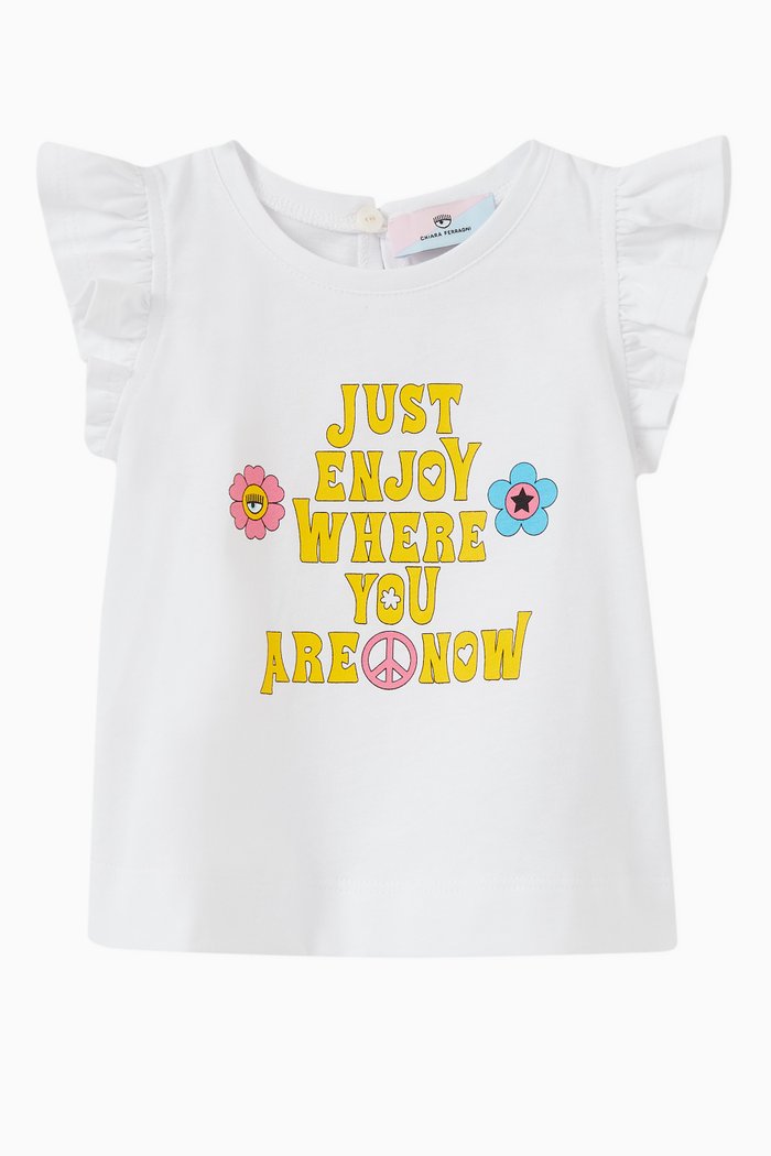 

Floral Graphic Text Print Top in Cotton Jersey, White