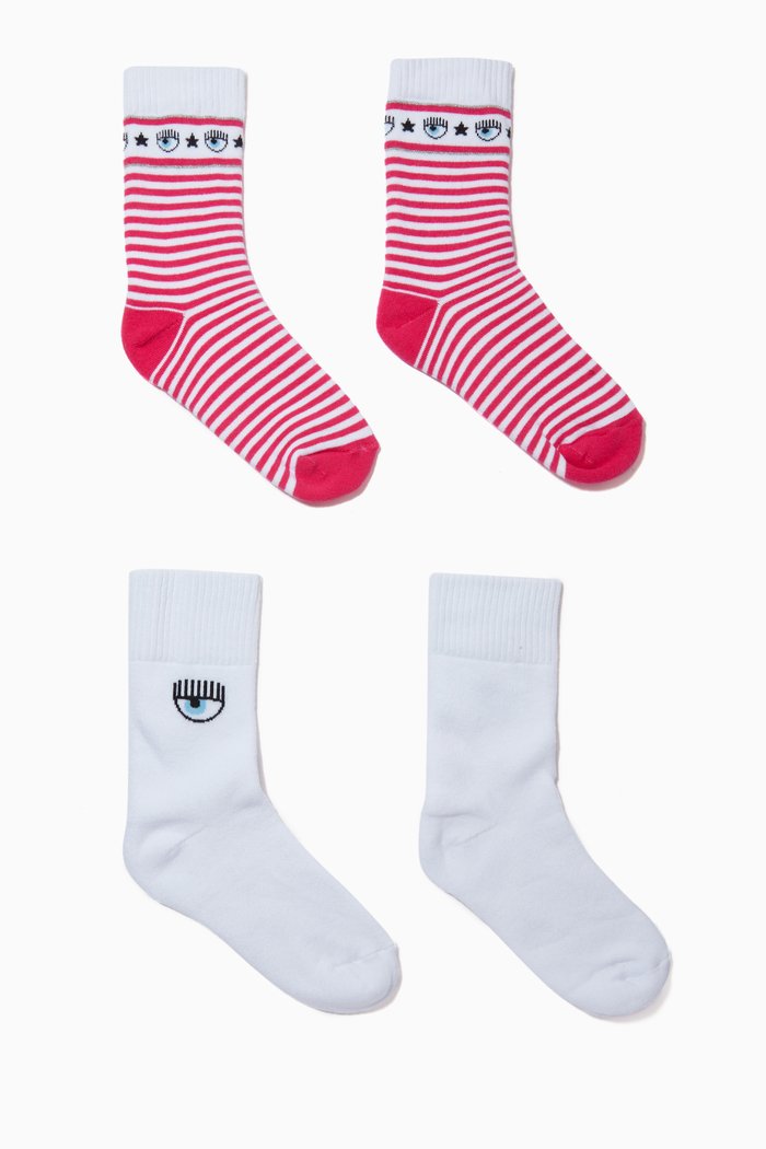 

Eyestar & Stripe Socks in Cotton, Set of 2, White