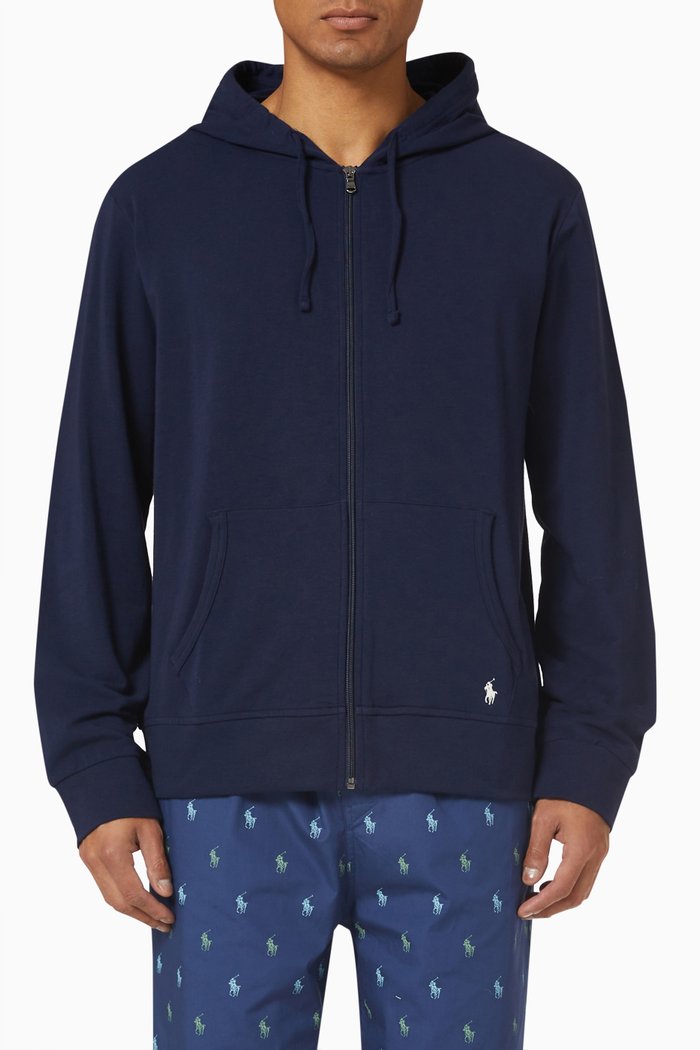 

Logo Embroidered Sleep Zip Hoodie in Cotton, Blue