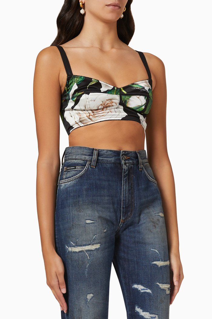 

White Rose Print Top in Satin, Black