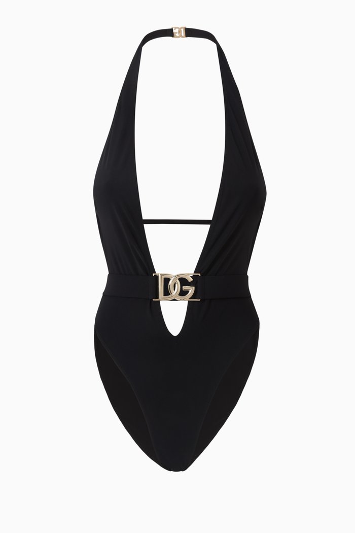 

Plunging Logo Swimsuit in Stretch Jersey, Black