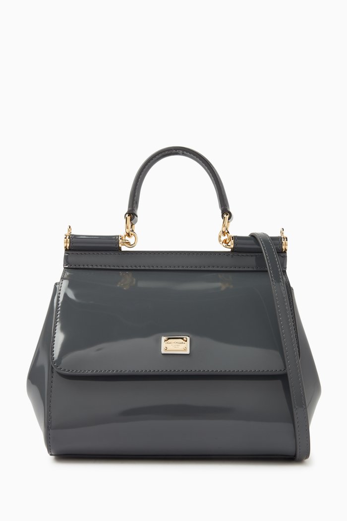 

Small Sicily Top-handle Bag in Polished Leather, Grey