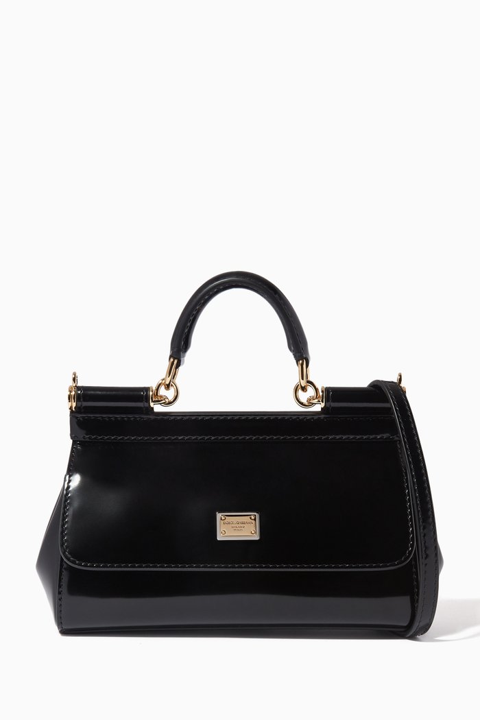 

Small Sicily Top Handle Bag in Polished Calfskin, Black