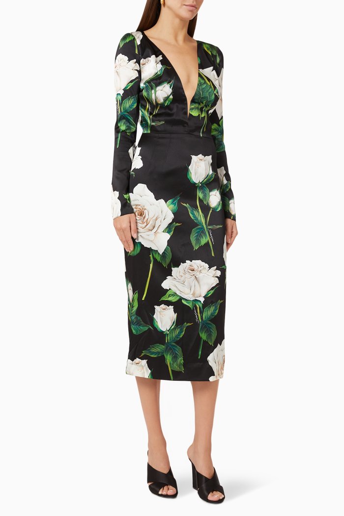 

Rose Print Midi Dress in Silk Satin, Black