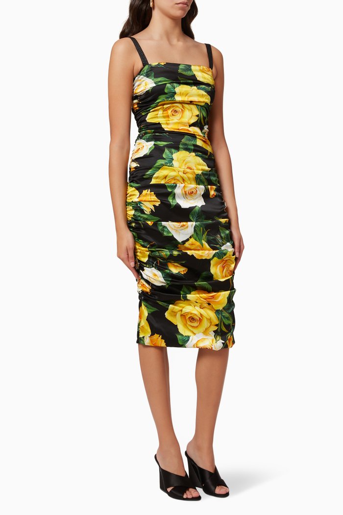 

Roses Ruched Midi Dress in Satin, Yellow