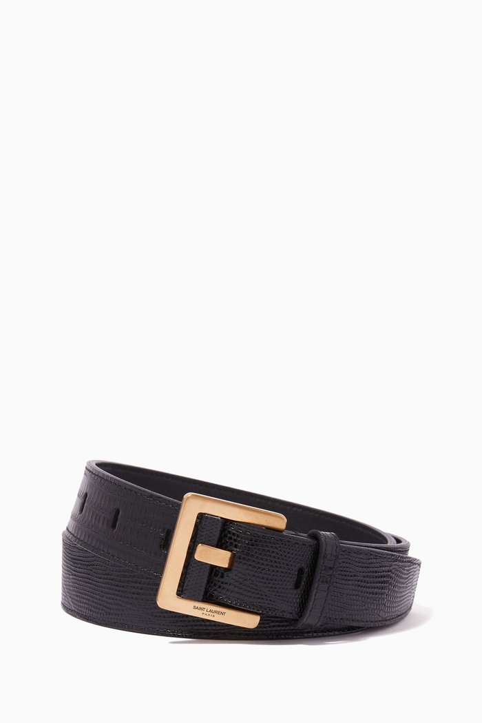 

Bridge Belt with Covered Buckle in Lizard-embossed Leather, Black