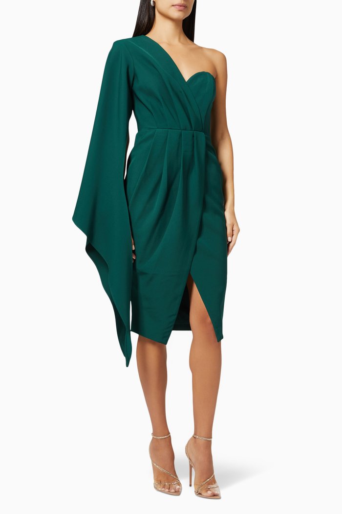 

One Shoulder Draped Wrap Dress, Green