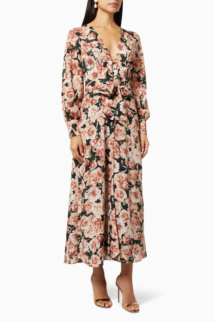 

Balloon Sleeve Floral Dress in Crepe, Black