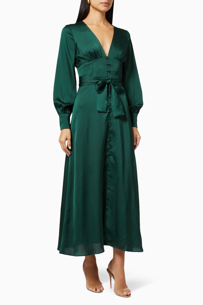 

Balloon Sleeve Dress in Satin, Green