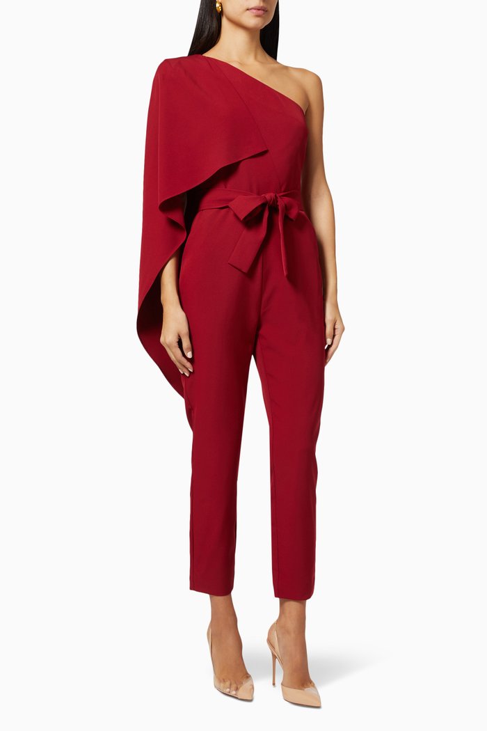 

One Shoulder Cape Jumpsuit, Red