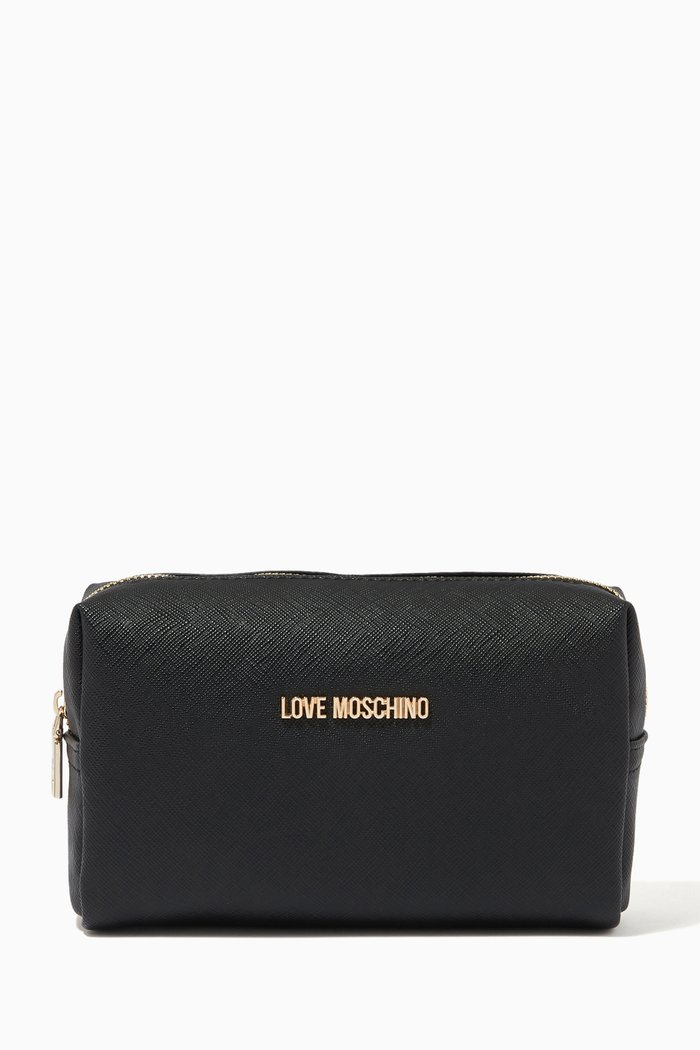 Makeup Bag in Textured Faux Leather, Black