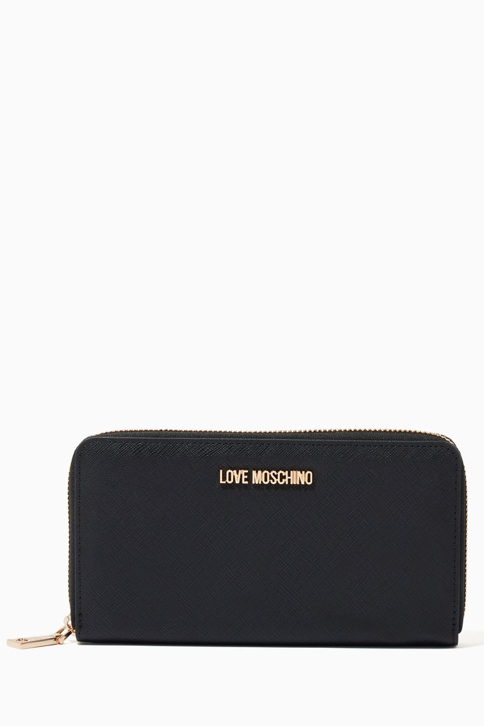 Zip Around Wallet in Textured Faux Leather, Black