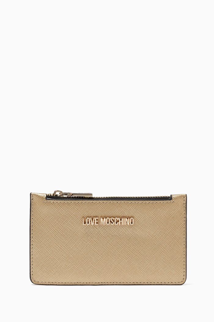 

Zip Card Holder in Textured Faux Leather, Gold