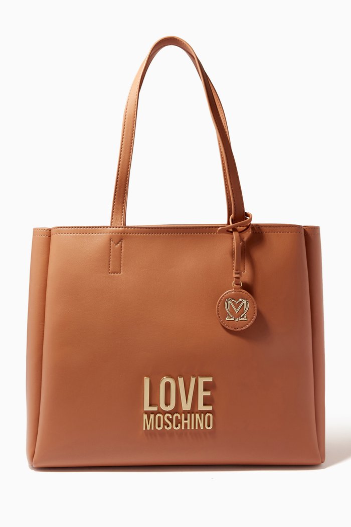 

Metal Logo Tote Bag in Faux Leather, Brown