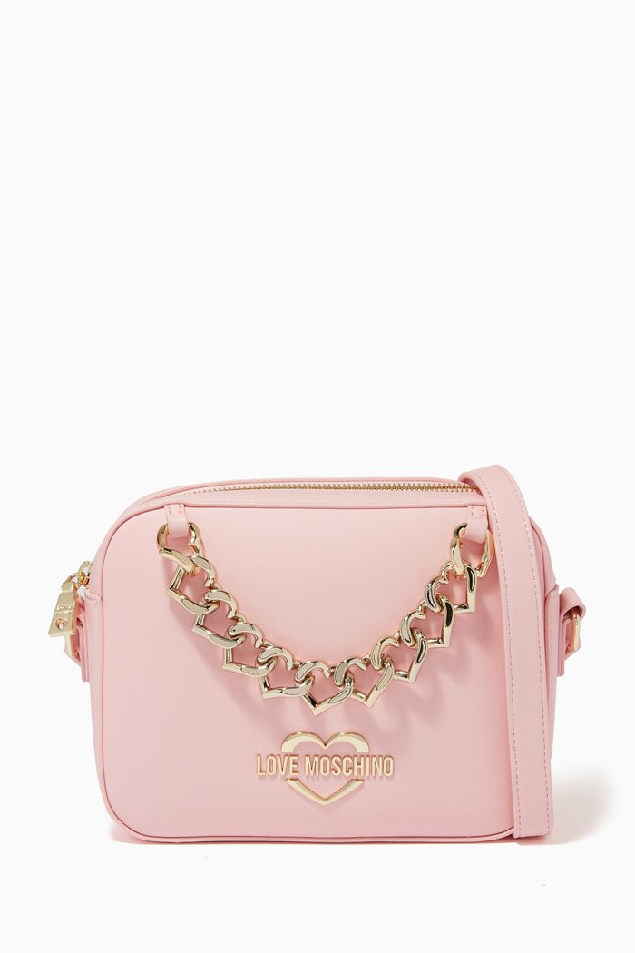 

Heart Chain Crossbody Bag in Faux Leather, Pink