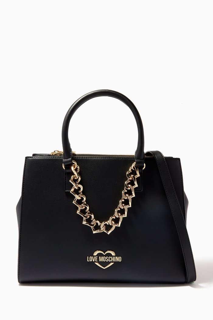

Heart Chain Top Handle Bag in Faux Leather, Black