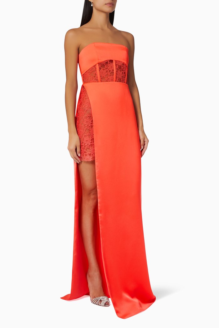Strapless Maxi Gown in Crepe & Lace, Red