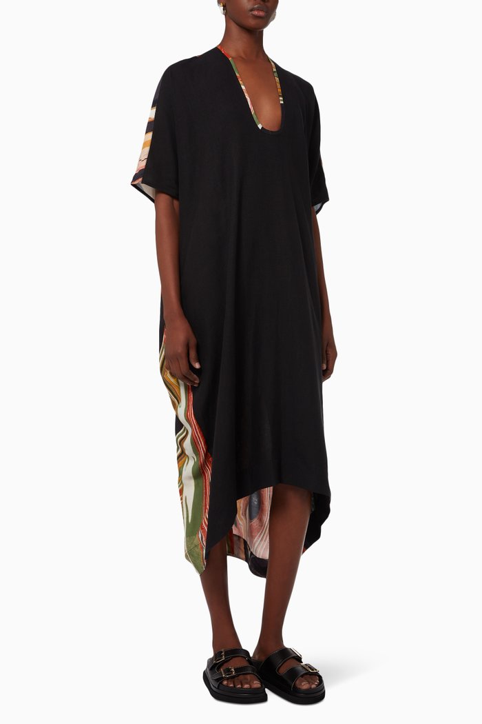 

V Neck Contrast Tunic in Linen, Black