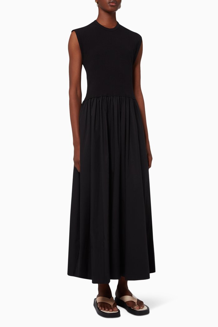 

Turnback Longerline Tank Dress in Cotton Poplin, Black
